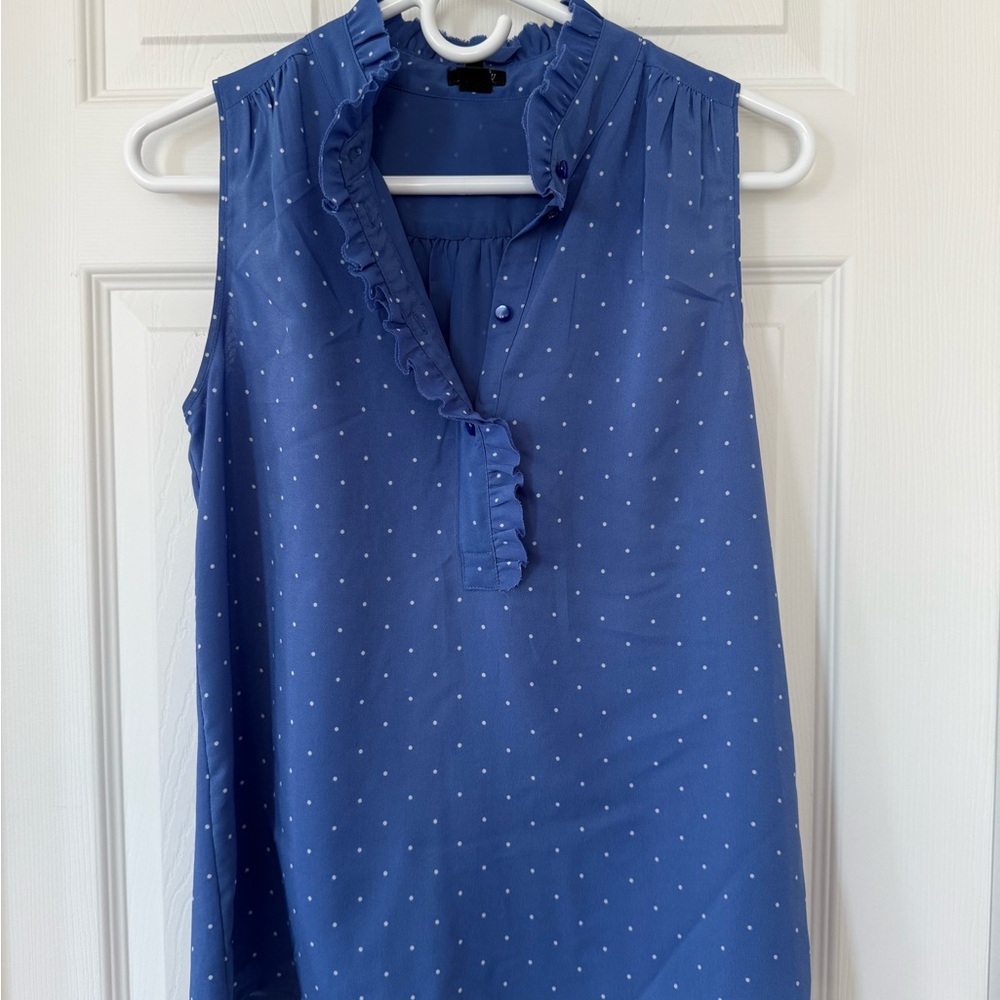 J. Crew Ruffled Blue Sleeveless Blouse with Mandarin Collar